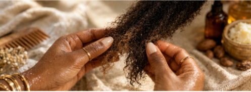 Mains dans des cheveux texturés secs