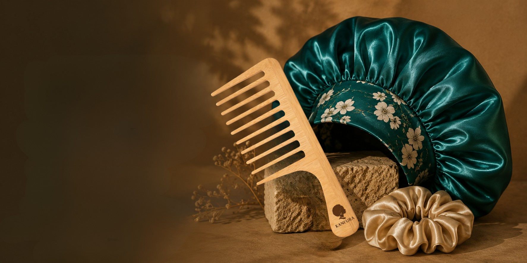 Accessoires Kanfura : bonnet satin, peigne bambou et chouchou satin